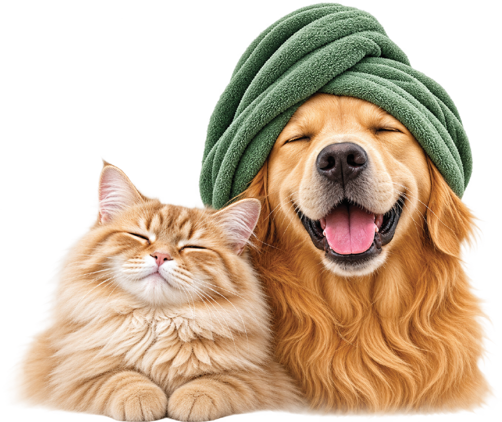 Happy golden retriever in green spa turban and smiling ginger cat